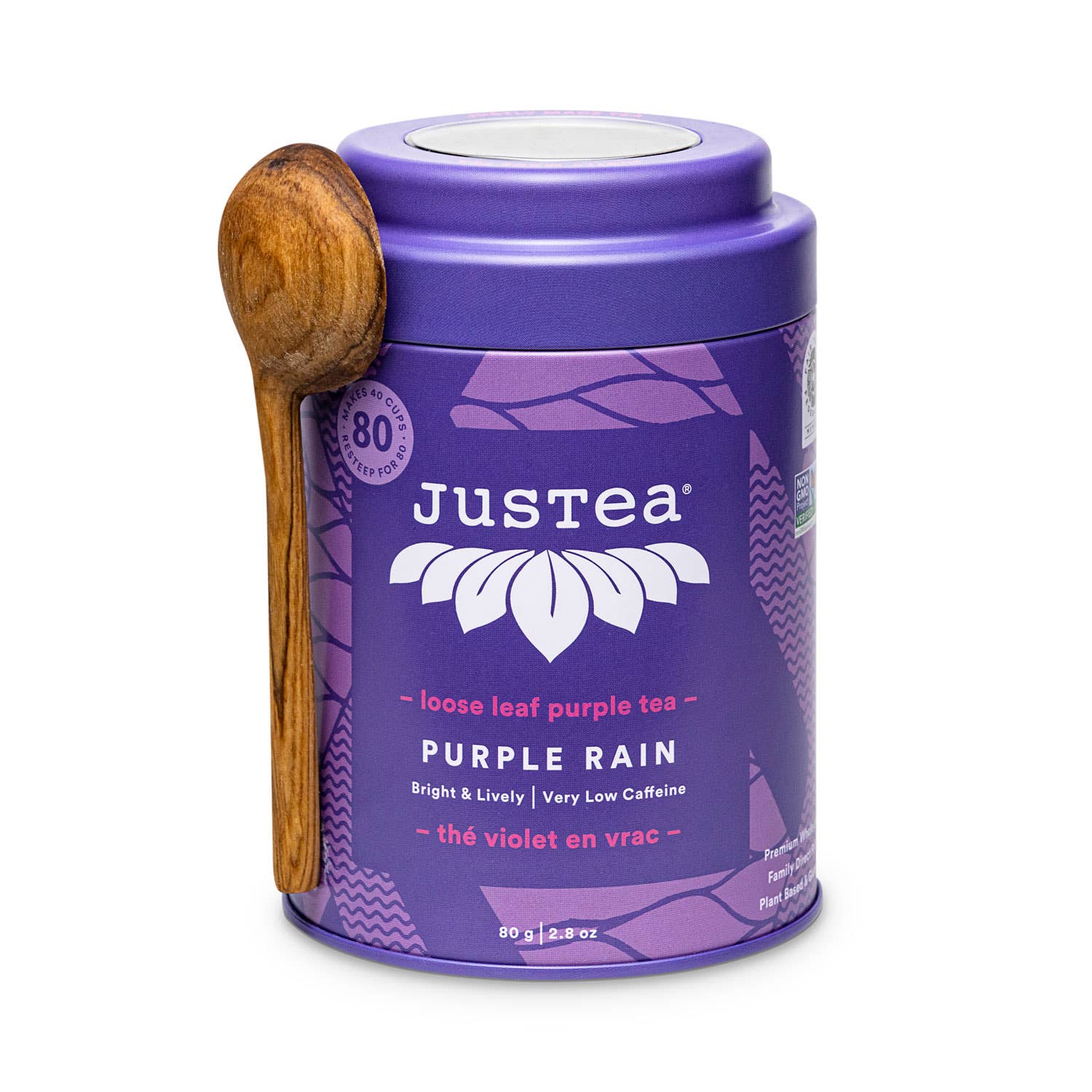 JusTea (No Import Fees to USA) - Purple Rain Tin with Spoon - Organic, Fair-Trade, Purple Tea