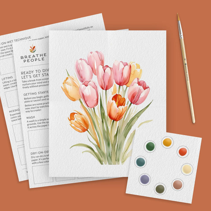 Artistic depiction of tulips on a watercolor paper