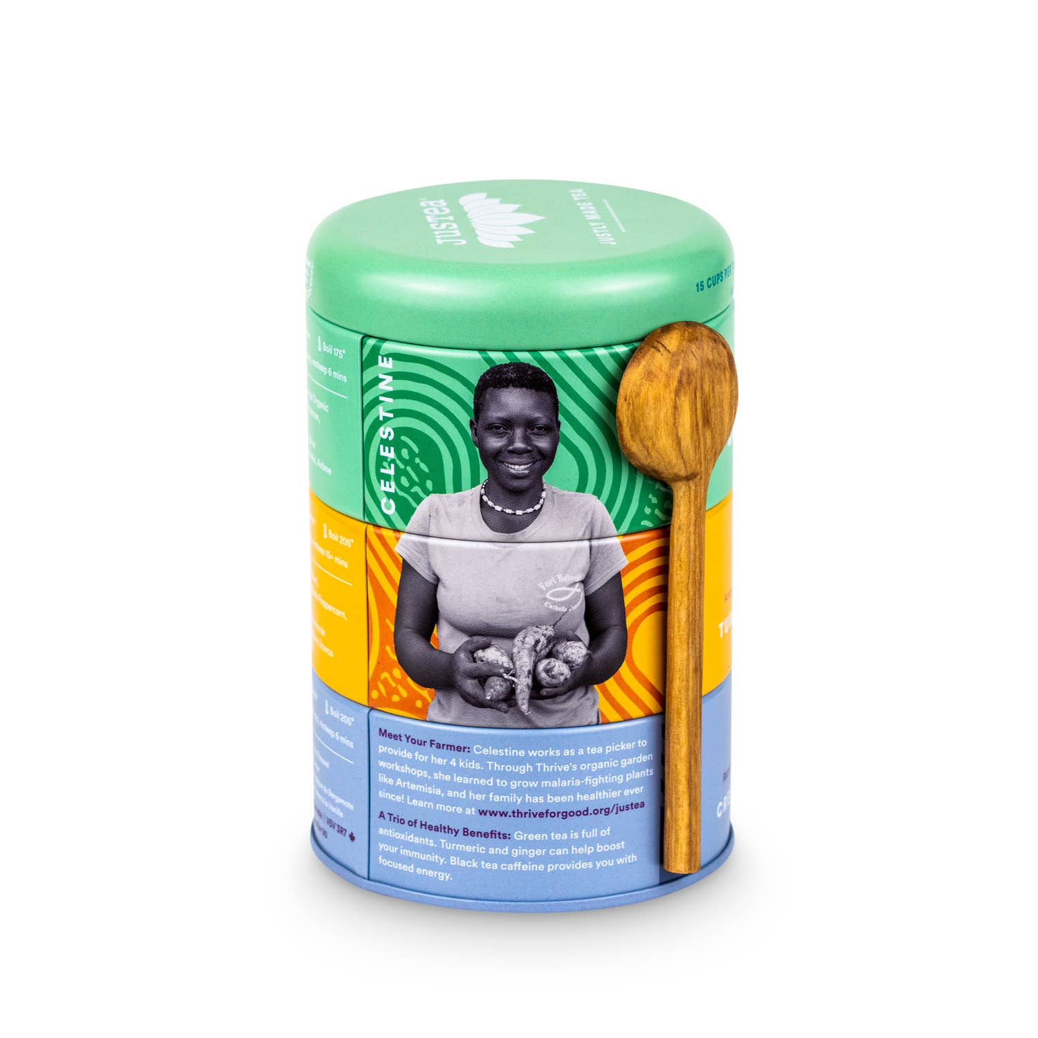 JusTea (No Import Fees to USA) - Assorted Trio Tin & Spoon - Organic Black, Green, Herbal Tea