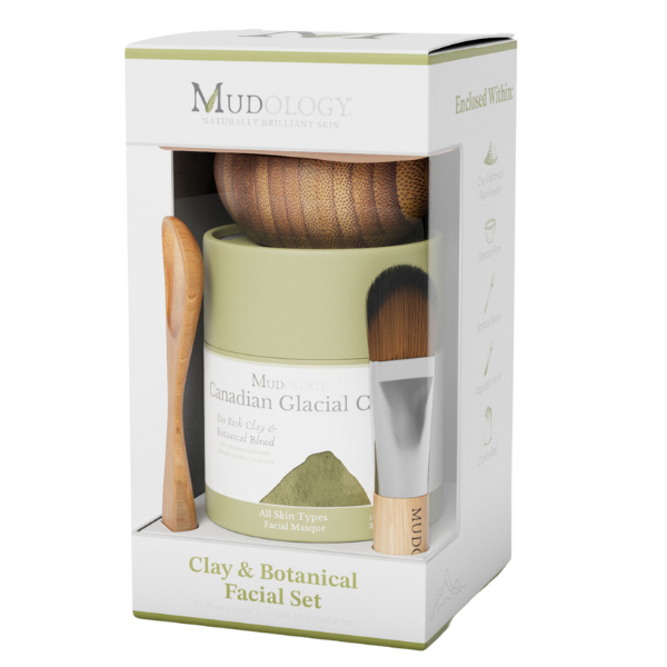 Mudology facial set with a jar, brush, and other tools in packaging