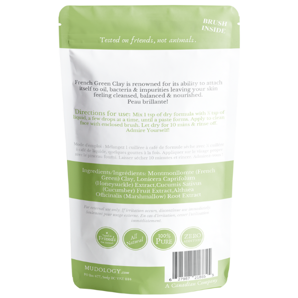 Mudology French Green Clay packaging with green and white design