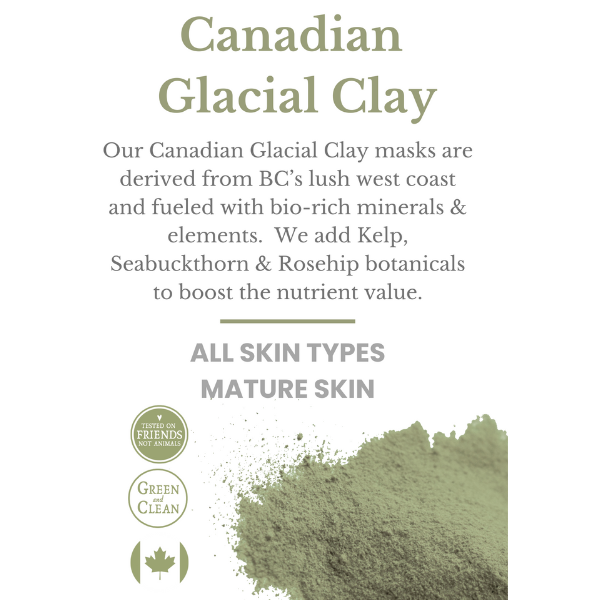 Canadian Glacial Clay product description with text and green clay powder