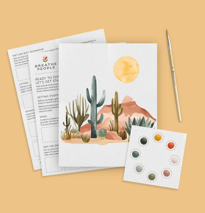 Artistic depiction of a desert scene with cacti, a sun