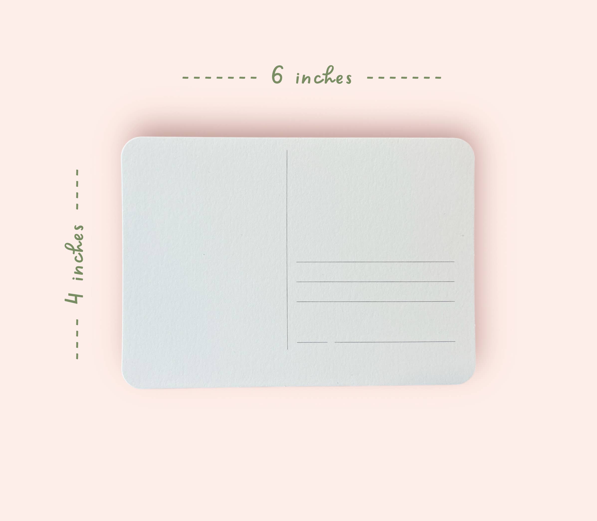 Light blue postcard with dimensions labeled