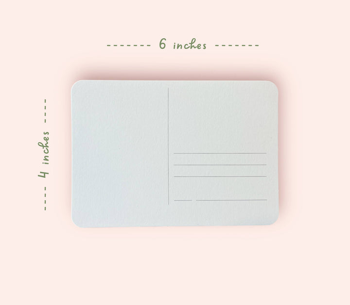 Light blue postcard with dimensions labeled