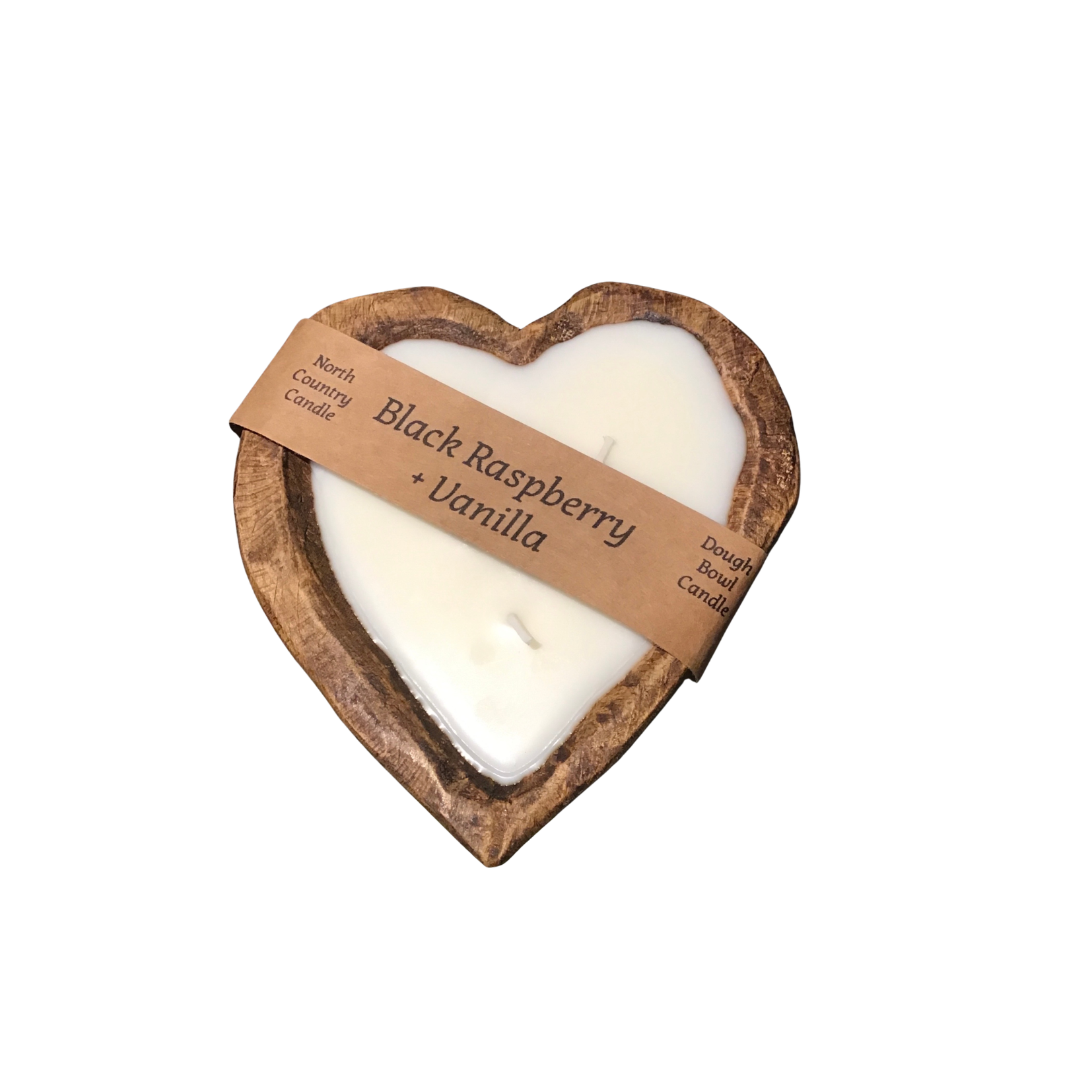 Heart-shaped candle with a wooden lid labeled 'Black Raspberry Vanilla'