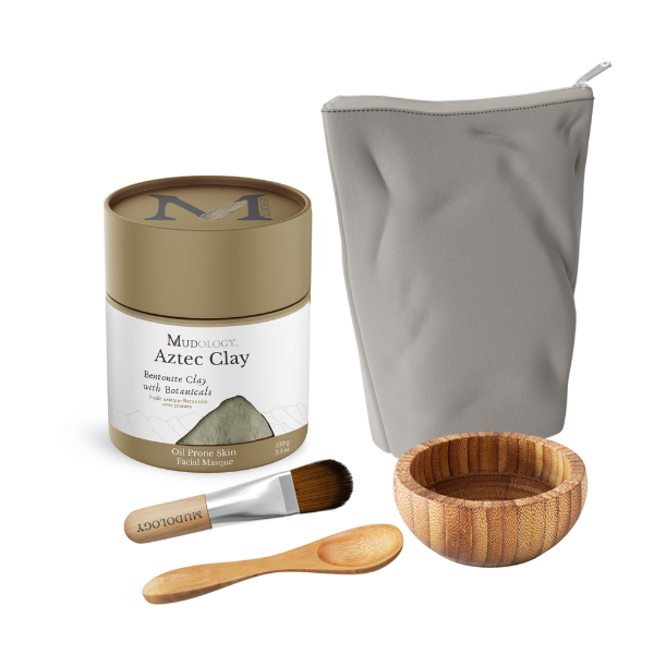 Mudology Aztec Clay product set with a jar, brush, spoon, bowl