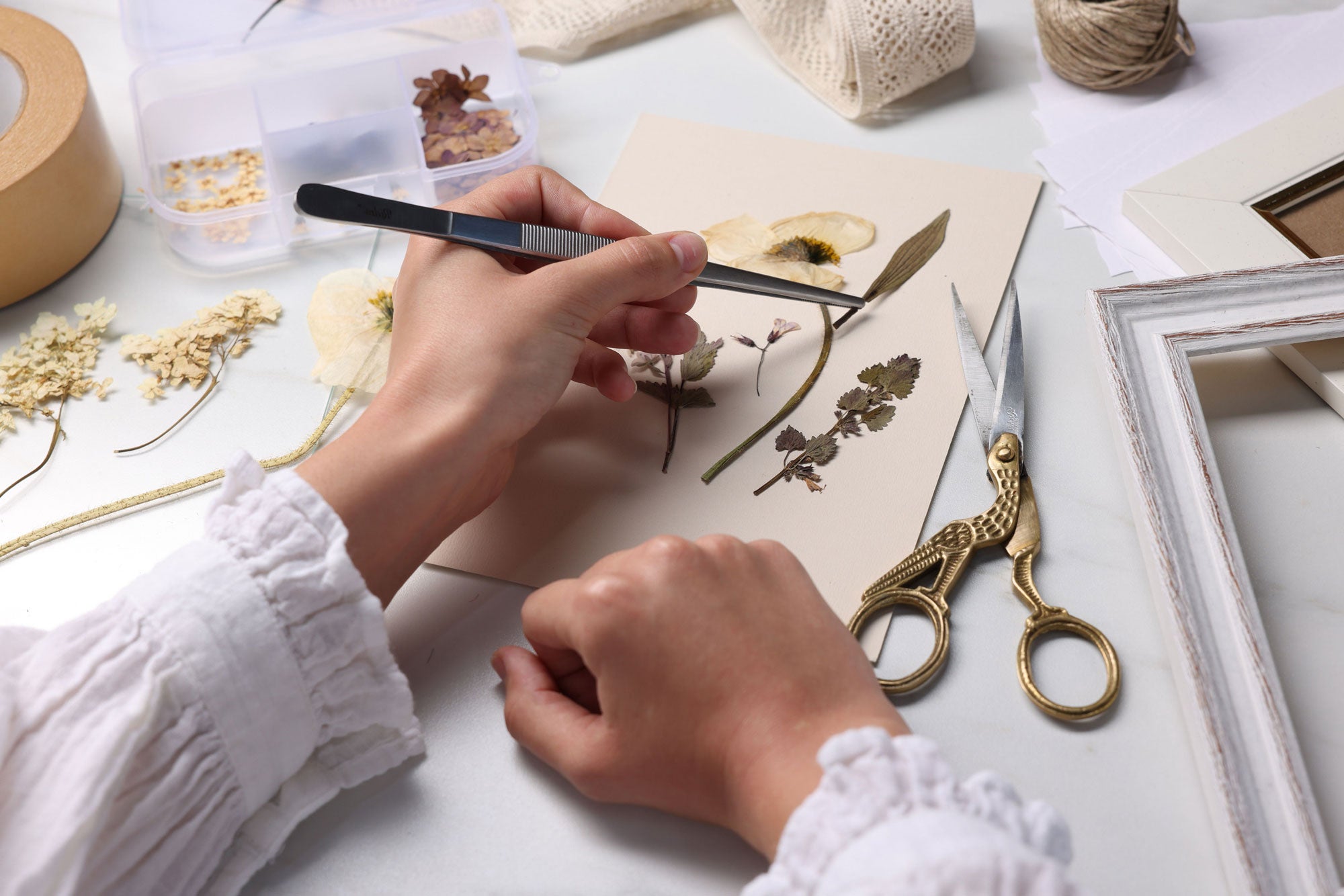 Person arranging dried flowers on a piece of paper with scissors and other materials on a table.