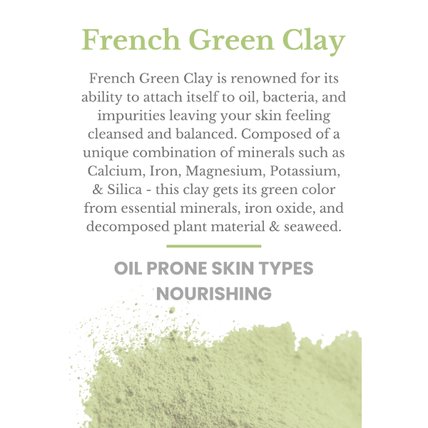 Text about French Green Clay with a small image of green clay powder