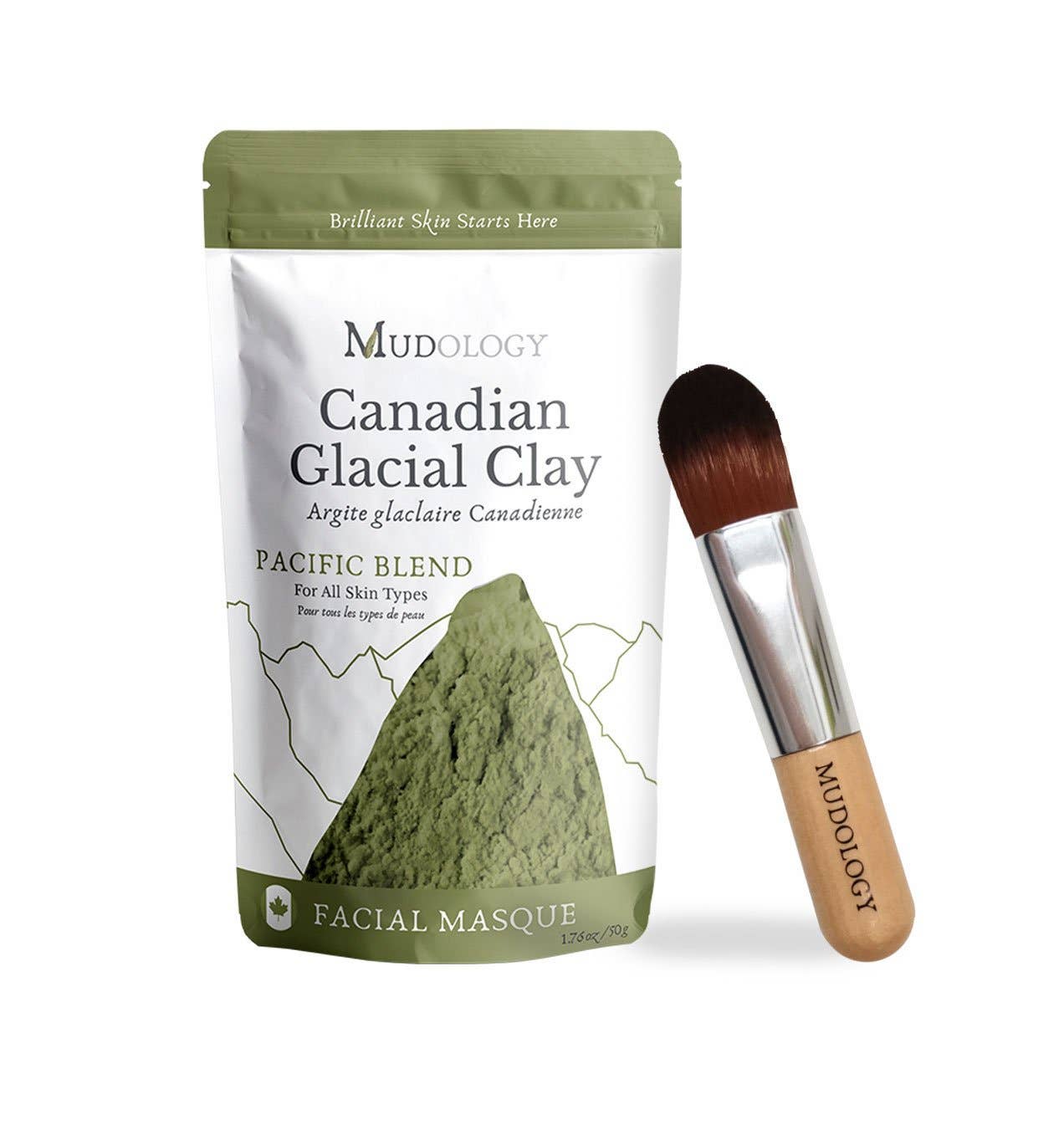 Mudology Canadian Glacial Clay facial mask package with a brush