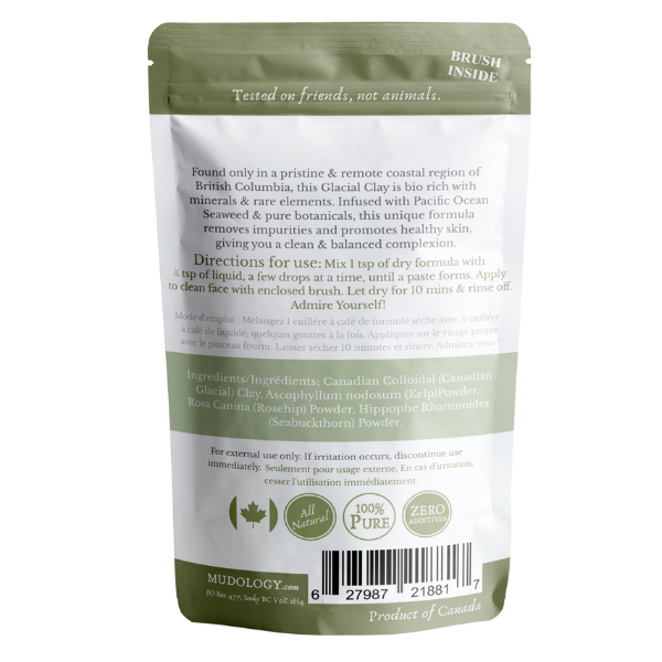 Mudology clay packaging with text and branding