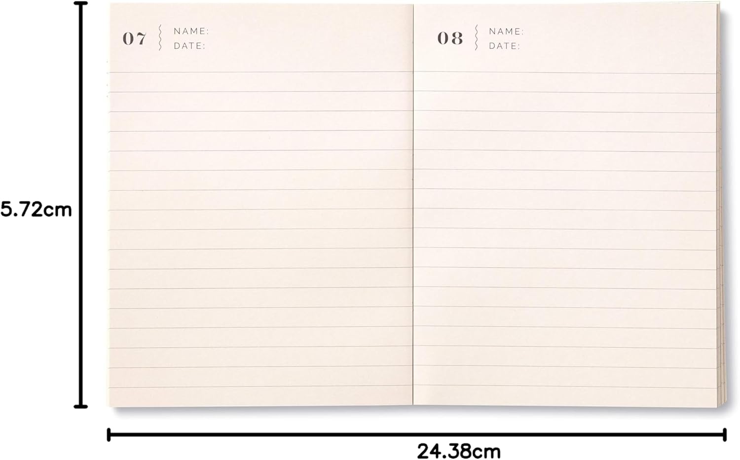 Open notebook showing lined pages with measurements on the sides