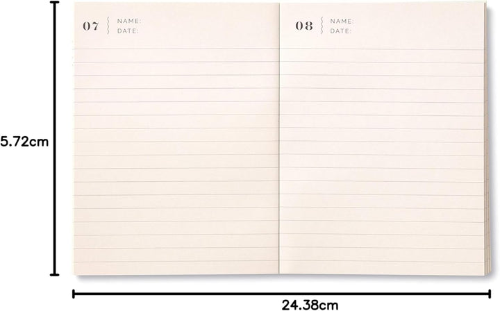 Open notebook showing lined pages with measurements on the sides