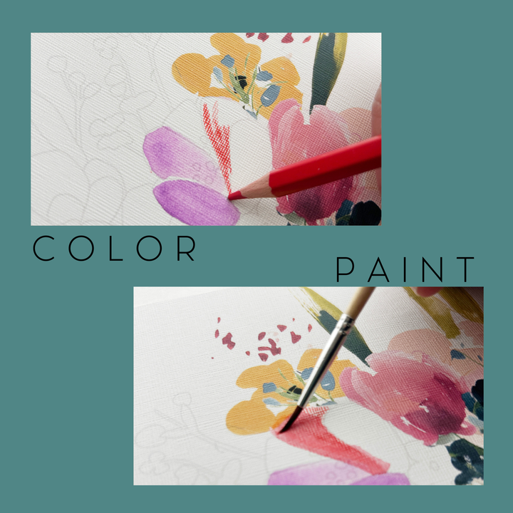 Artistic depiction of painting flowers with a brush and color swatches.