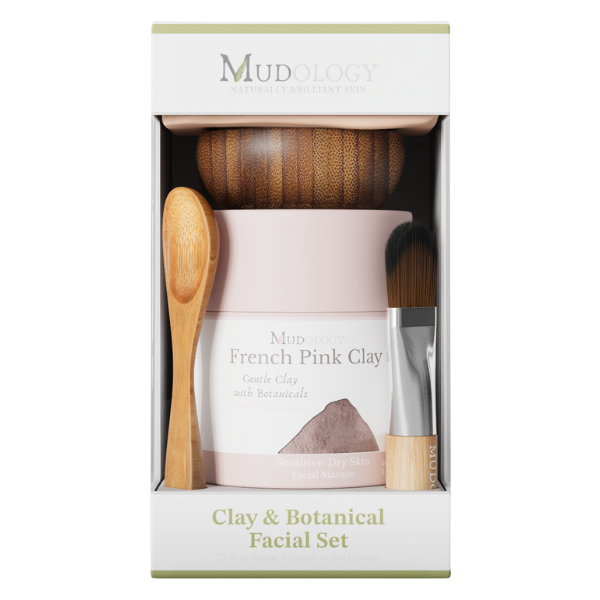 Mud French Pink Clay facial set with a wooden spoon