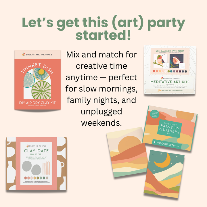 Collection of art kits with text promoting creativity and family activities.