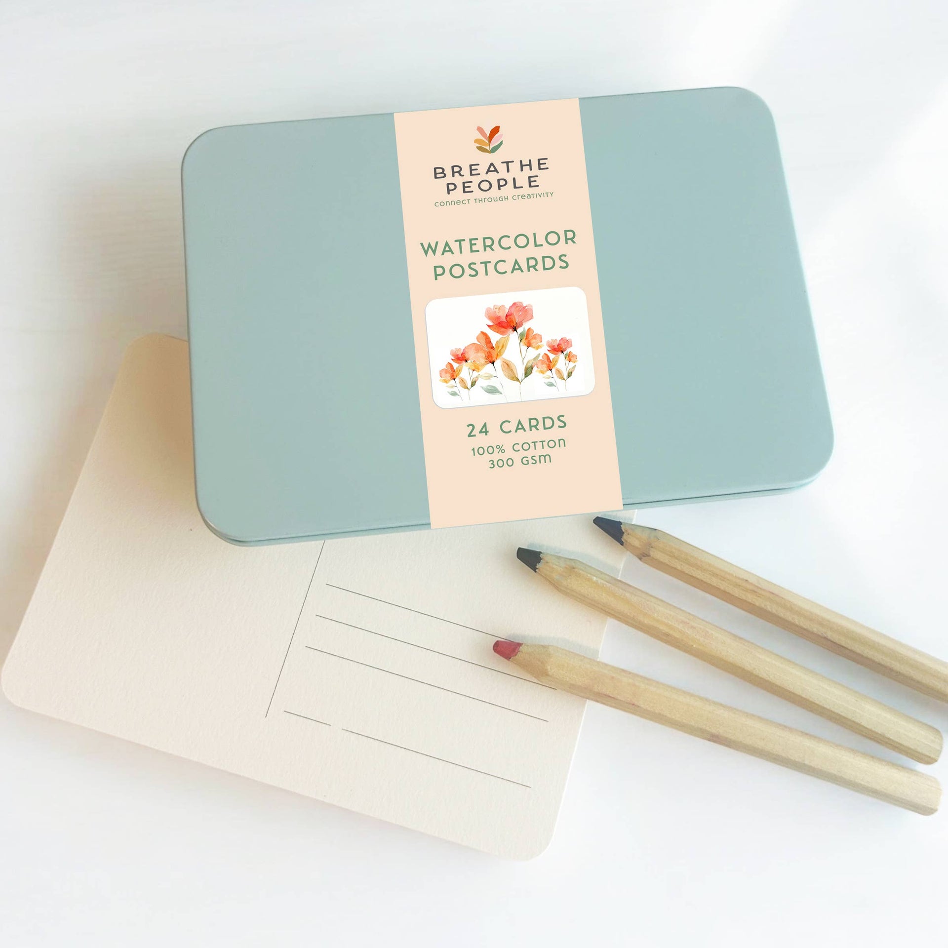 Breathe People watercolor postcards in a tin with a peN