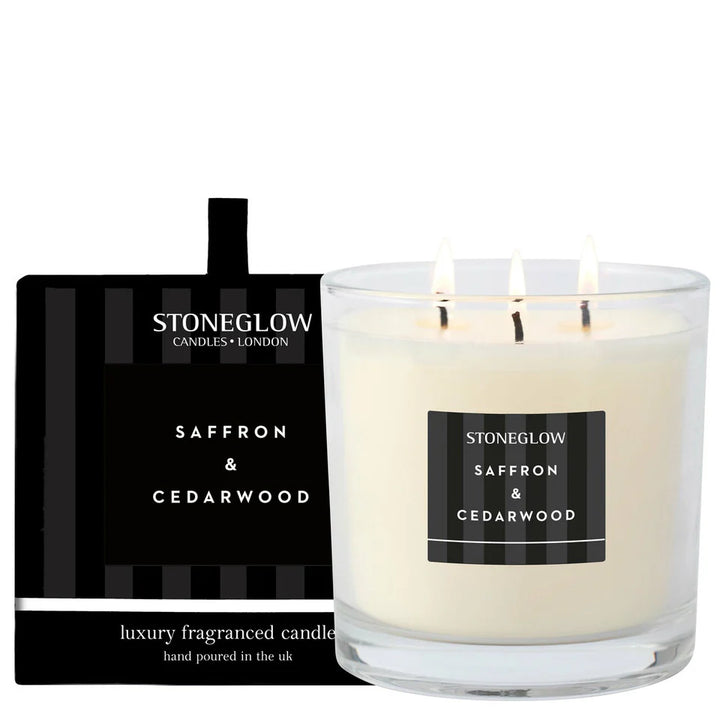 Stoneglow Saffron & Cedarwood candle with packaging