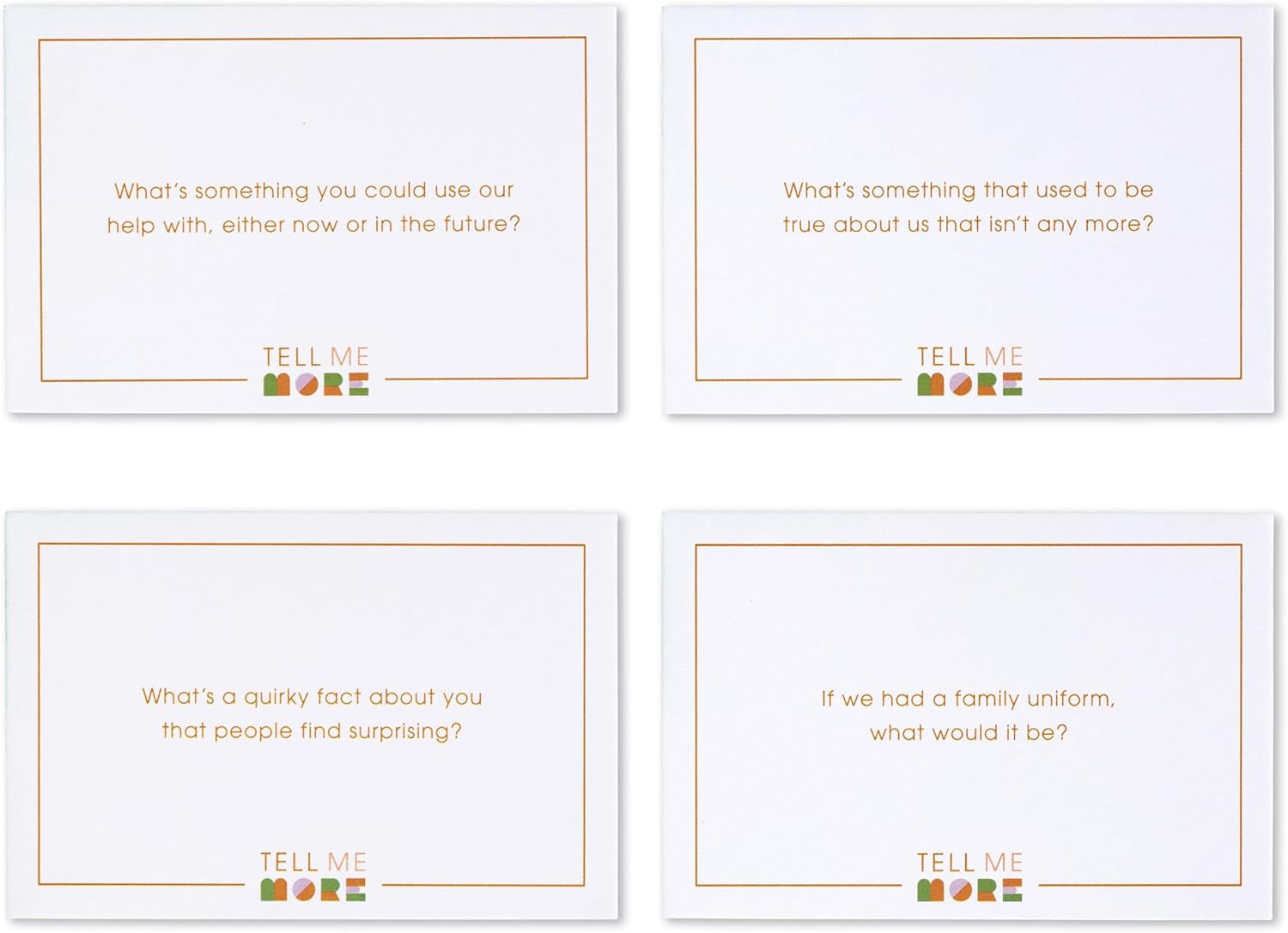 Four white cards with text prompts