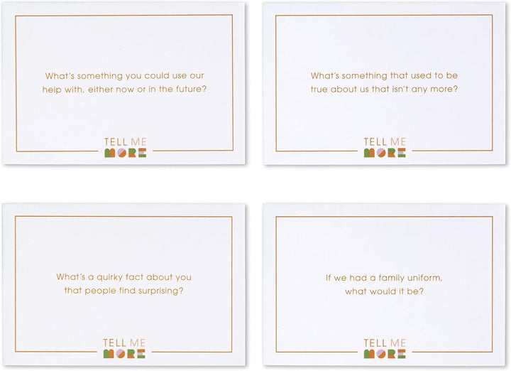 Four white cards with text prompts