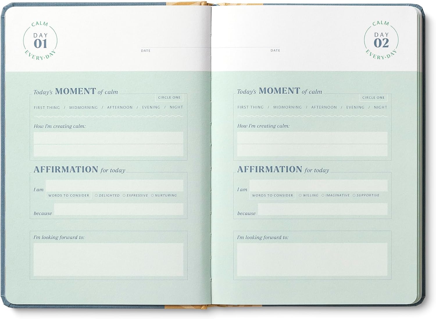 Open planner with two pages titled 'Moment of Calm' and 'Affirmation for today'