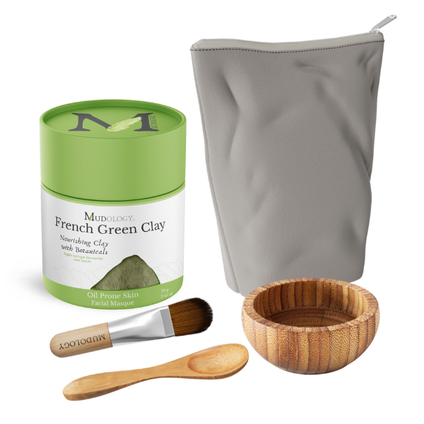 Mudologie French Green Clay set with a green container, gray pouch, wooden bowl, spoon, and brush