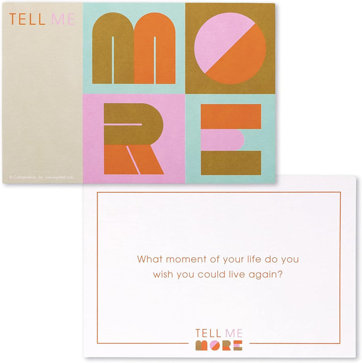Colorful card with geometric design and text 'Tell Me More'