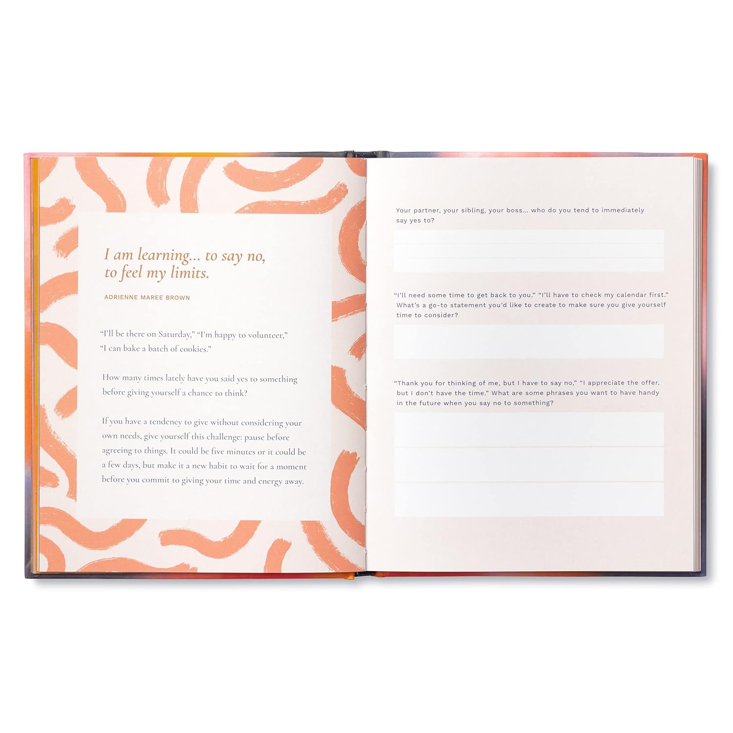 Open book with text and abstract orange patterns