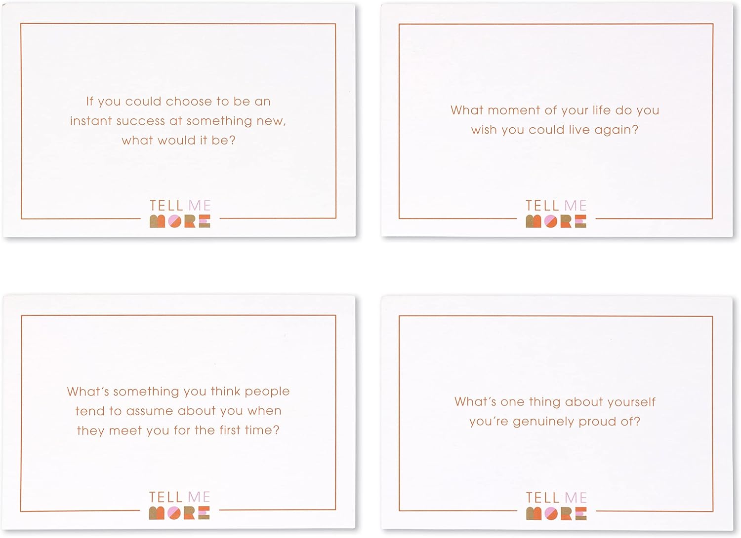 Four white cards with text prompts