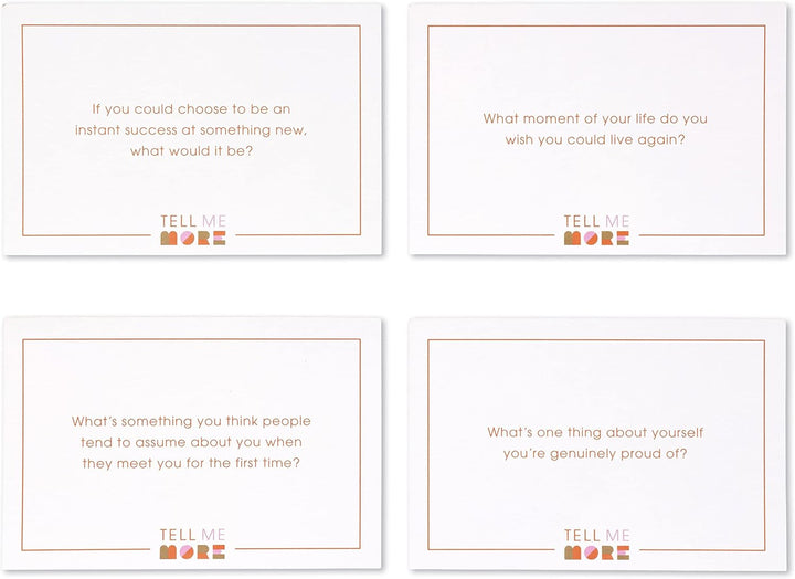 Four white cards with text prompts