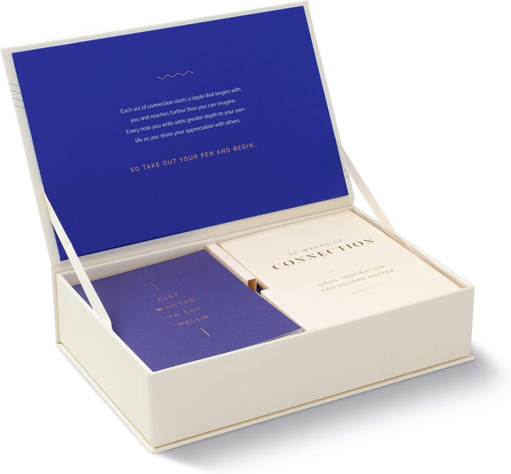 Open box containing a blue card and pen with text