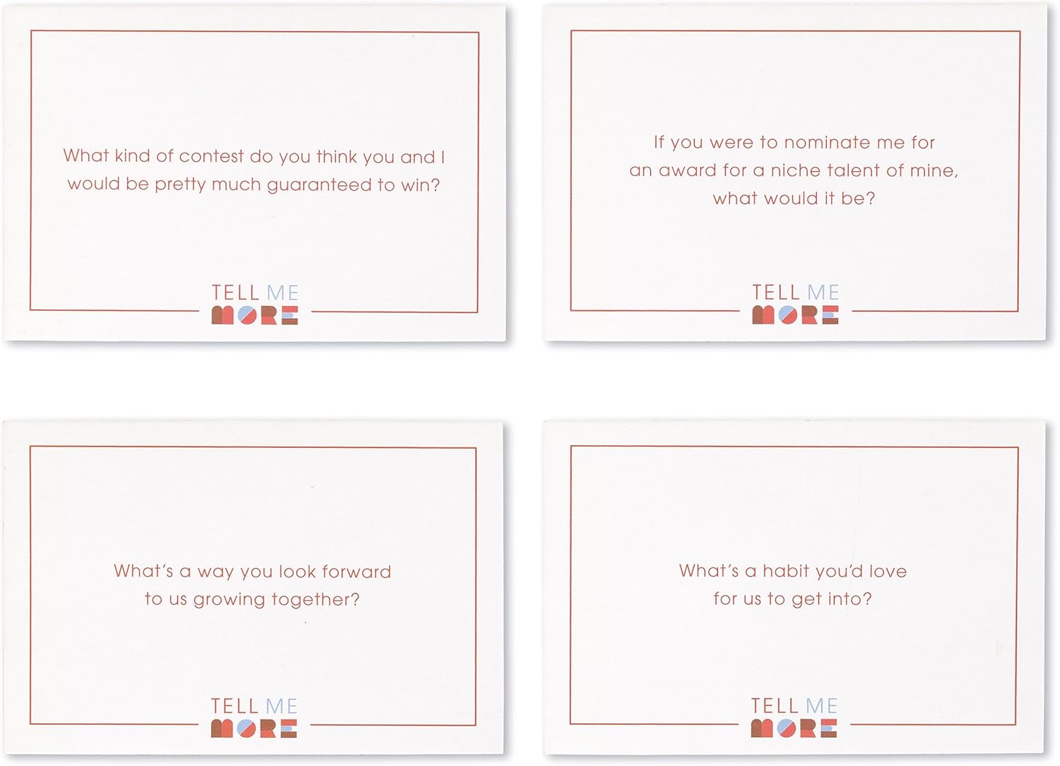 Four white cards with text prompts and 'Tell Me More' branding