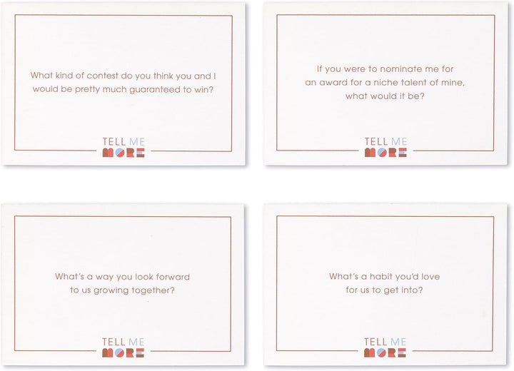 Four white cards with text prompts and 'Tell Me More' branding
