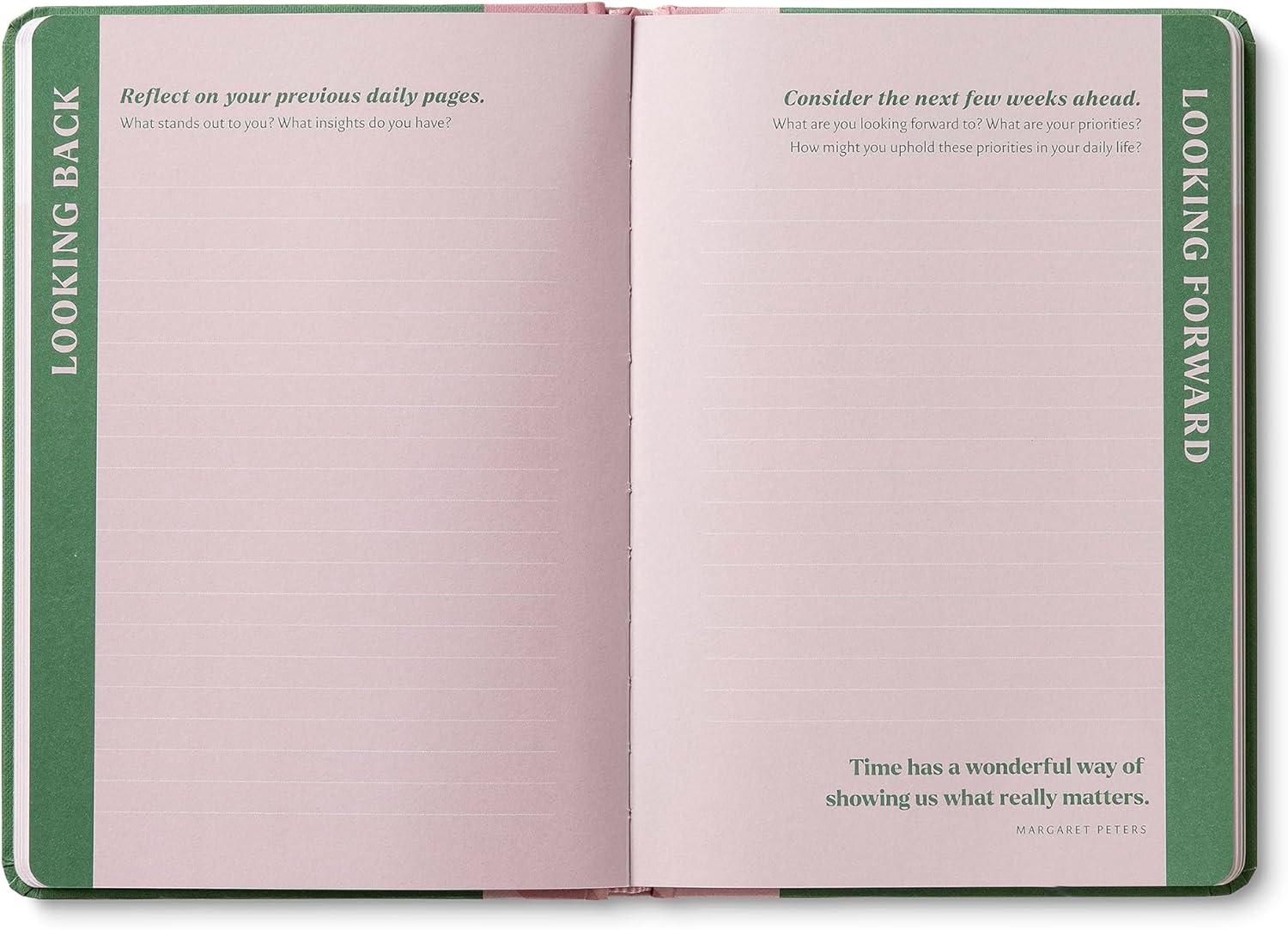 Open notebook with prompts on 'Looking Back' and 'Looking Forward' sections.