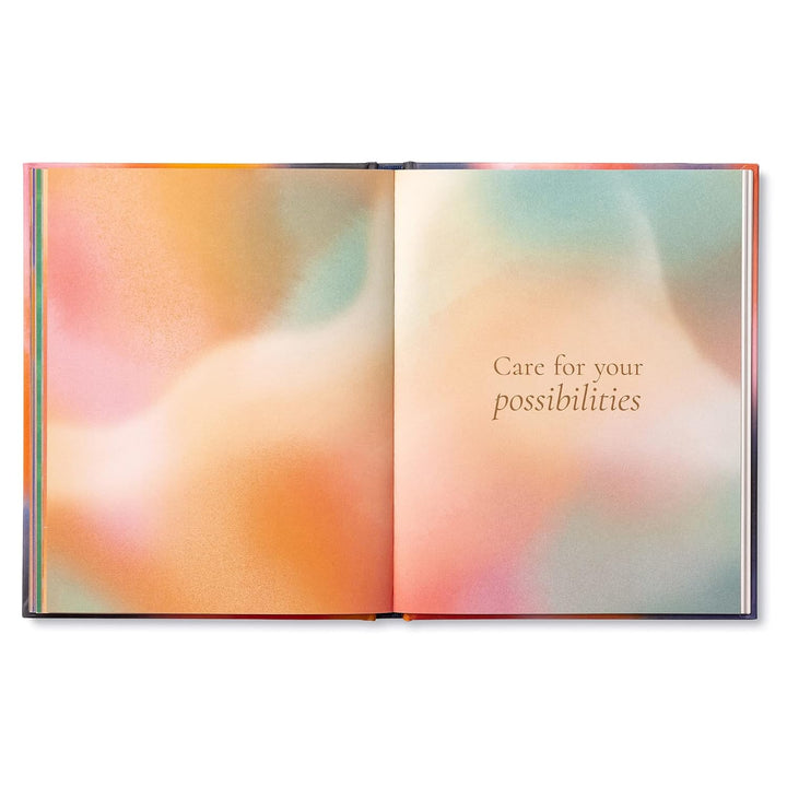 Open book with colorful pages and text 'Care for your possibilities