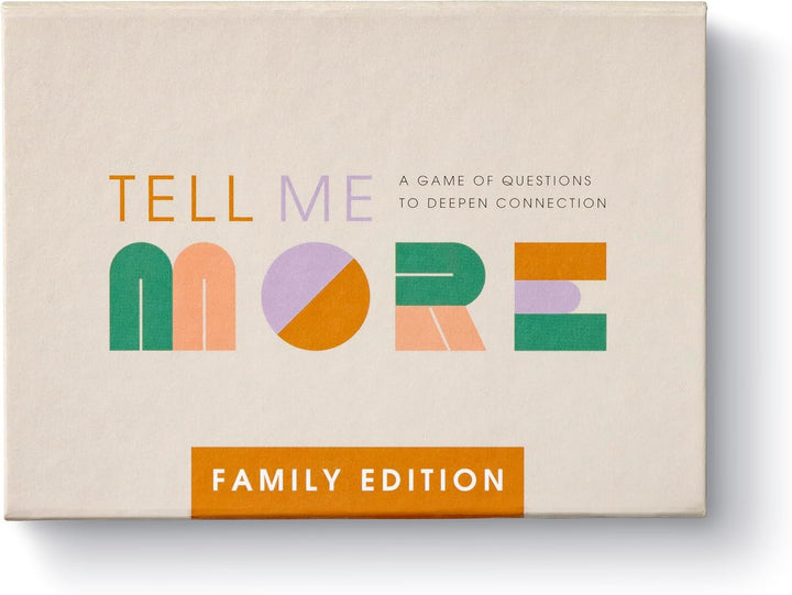 Board game box titled 'Tell Me More' with colorful text