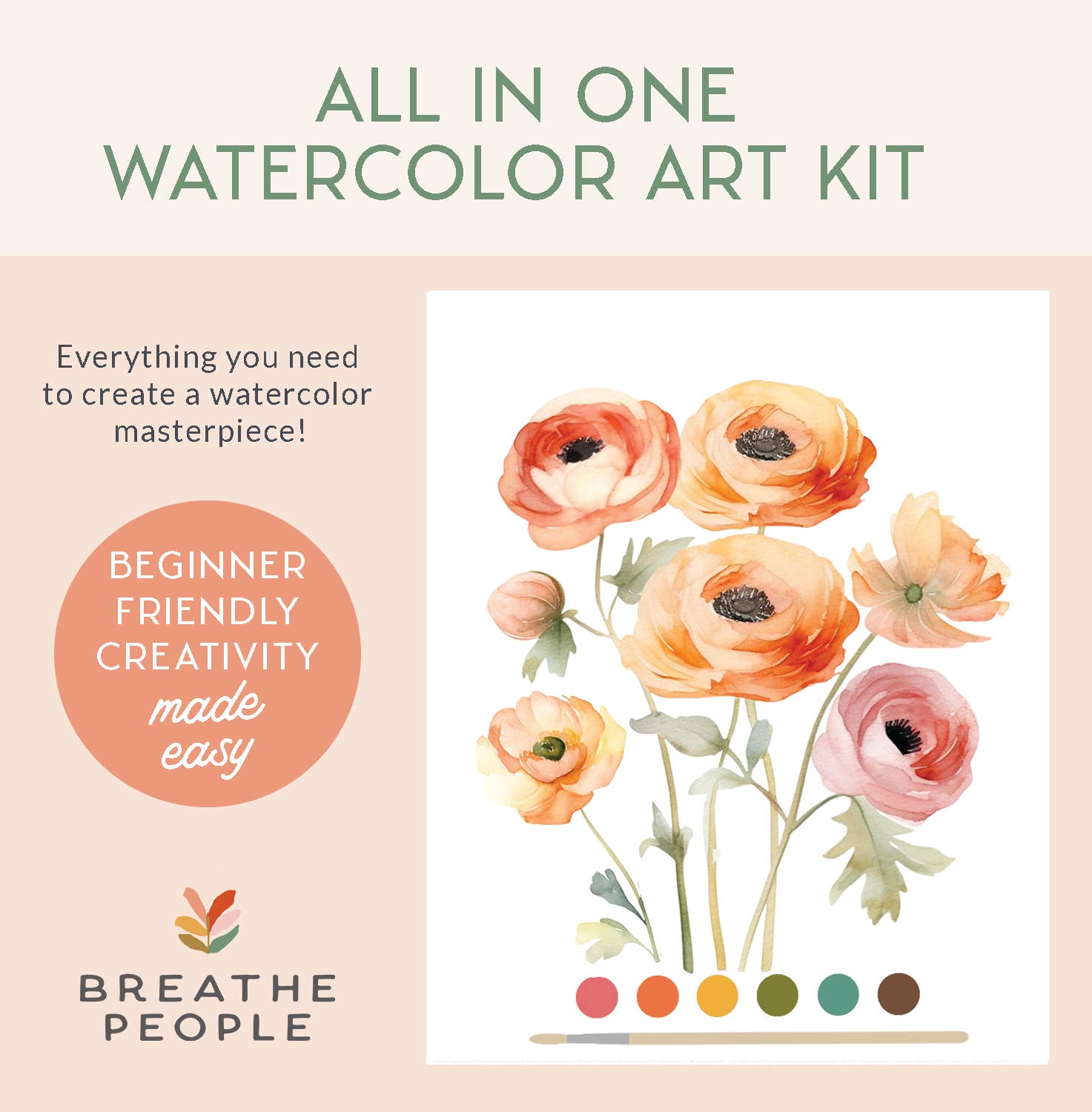 Watercolor art kit with flowers and color swatches