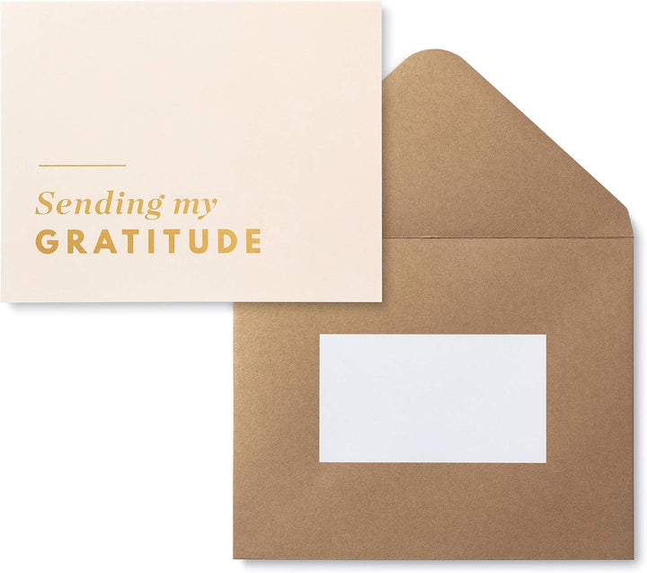Brown envelope with a white card inside and 'Sending my Gratitude' text on a beige card.