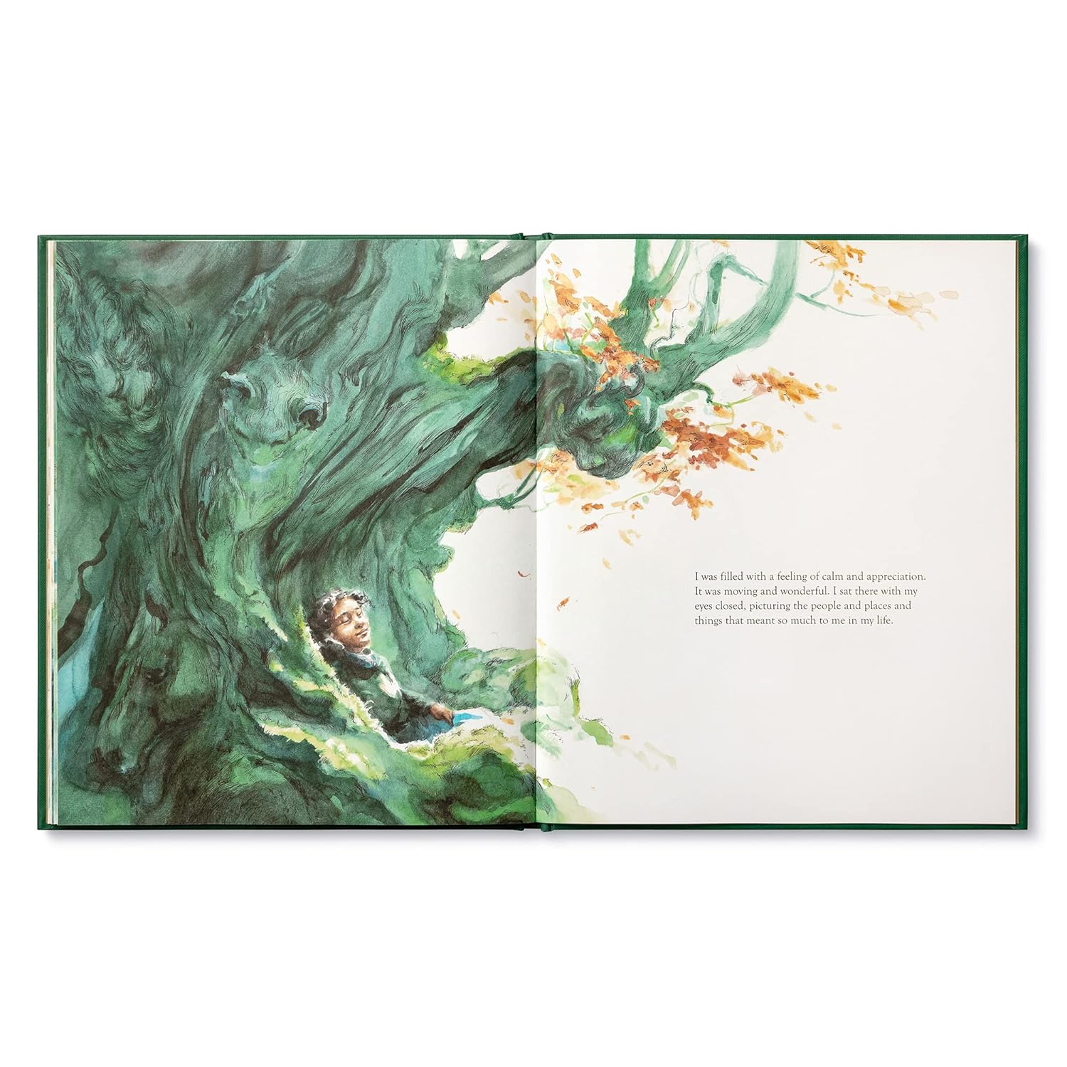 Open book with illustrations of a person in a forest and text