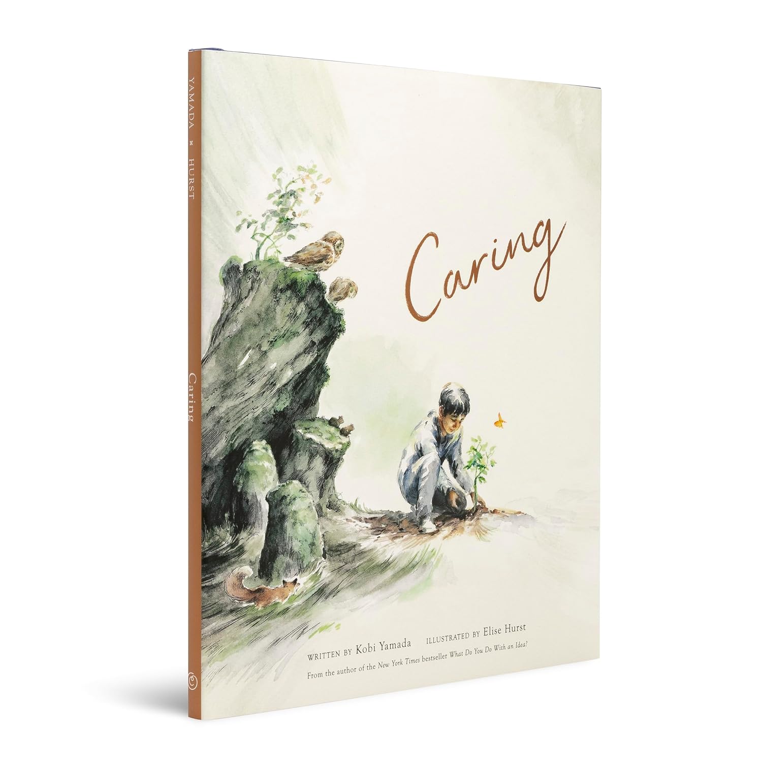 Book cover with illustration of a child planting a tree, titled 'Caring'.