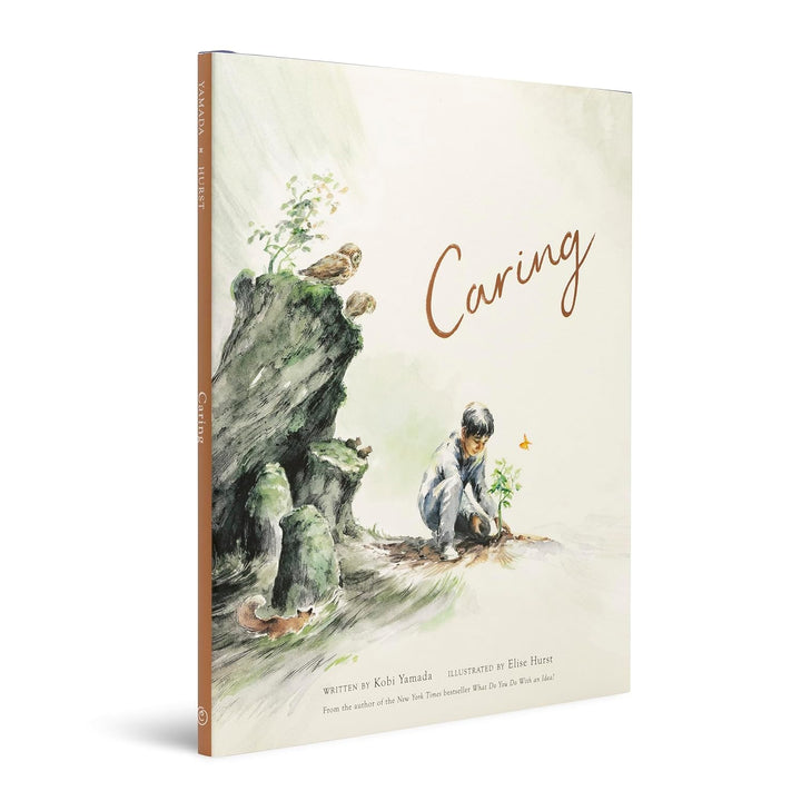 Book cover with illustration of a child planting a tree, titled 'Caring'.