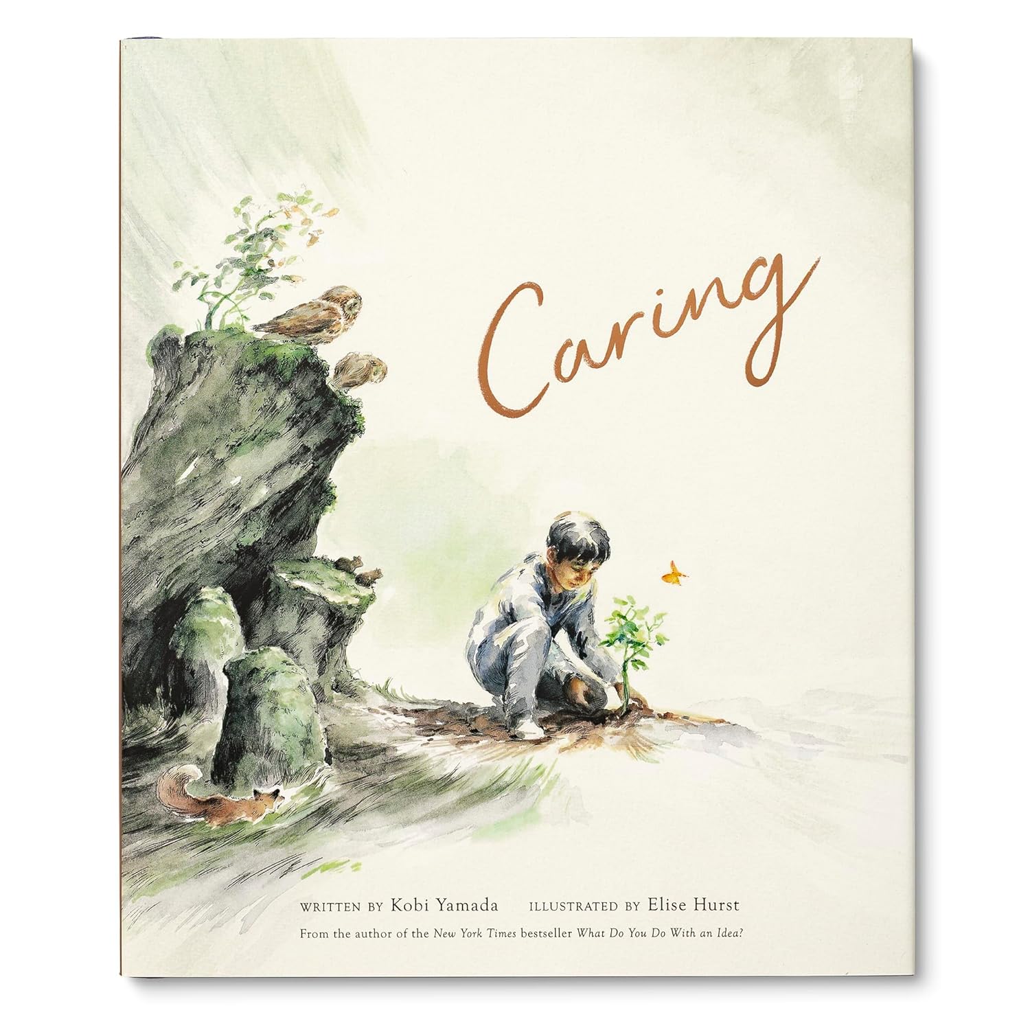 Book cover titled 'Caring' with illustrations of a child and animals