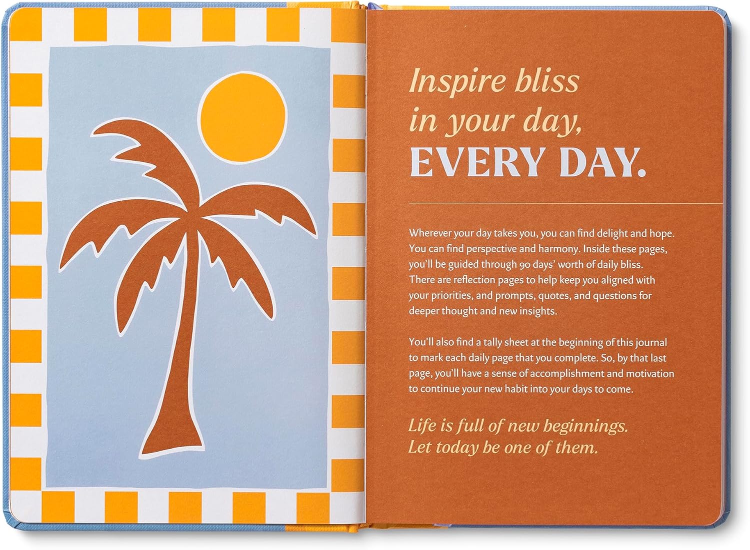 Open book with palm tree illustration and motivational text