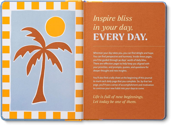 Open book with palm tree illustration and motivational text
