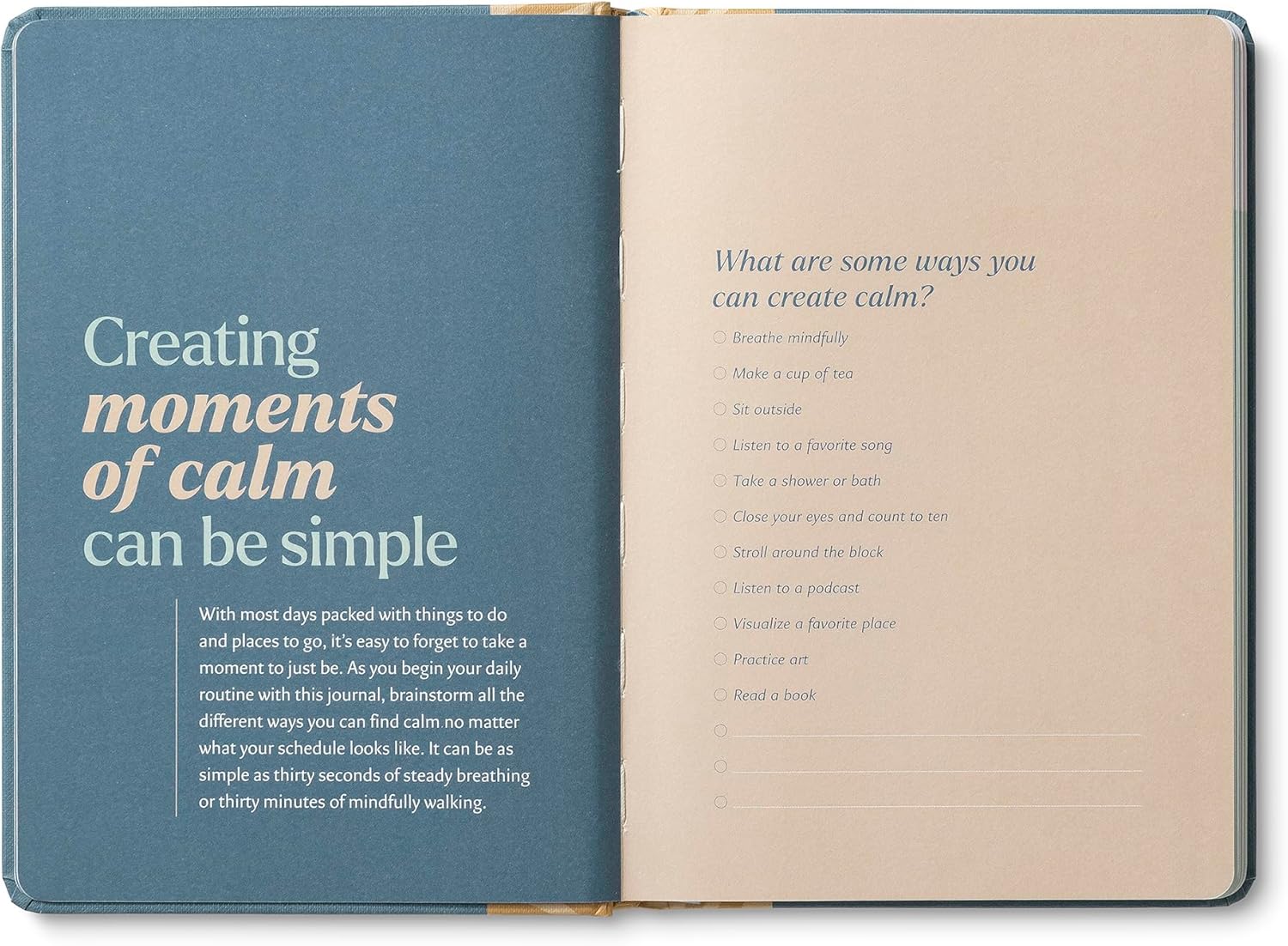 Open journal with text on calming moments and activities