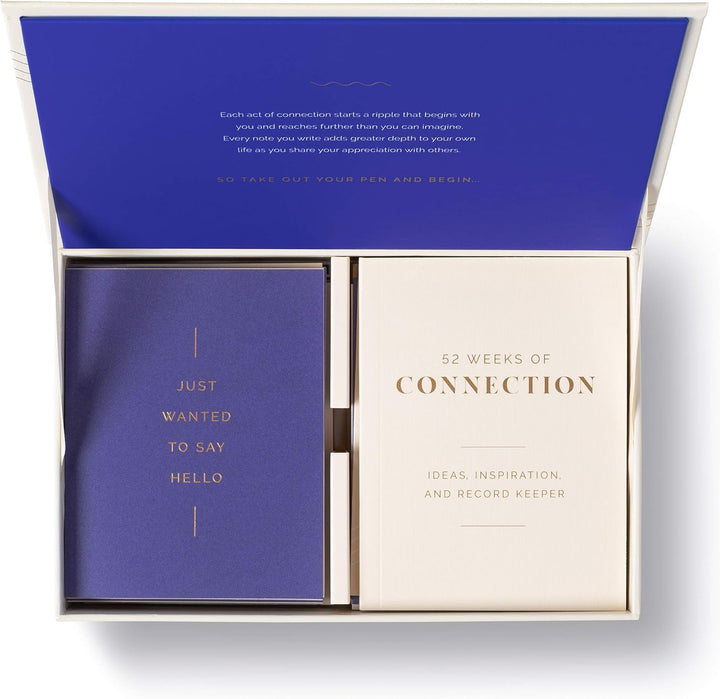 Notebooks in a box with blue and beige covers, featuring text.
