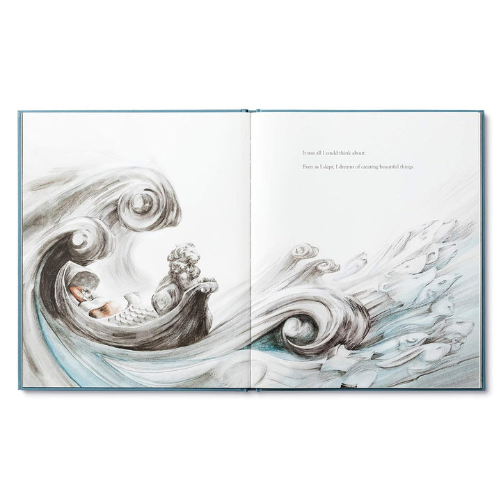 Illustrated book open to two pages with swirling ocean designs and text.