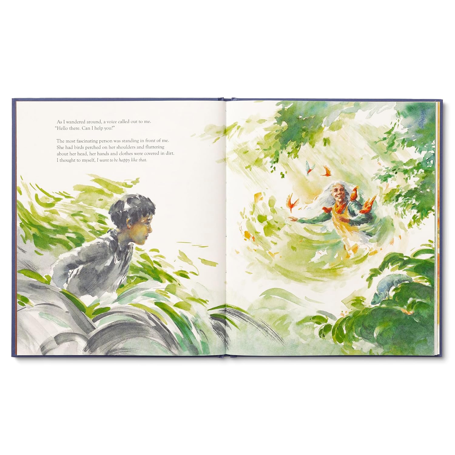 Open book with illustrations of a child and a fairy in a garden setting