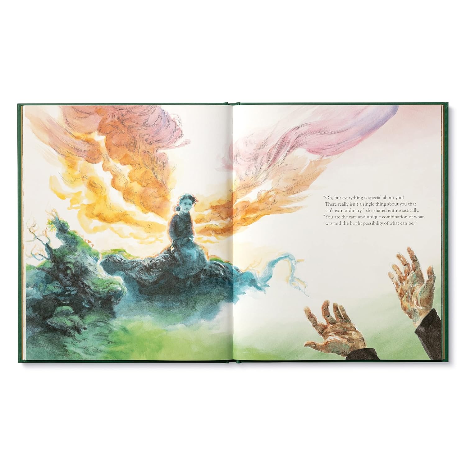 Open book with artistic illustration of a dragon and hands reaching towards it