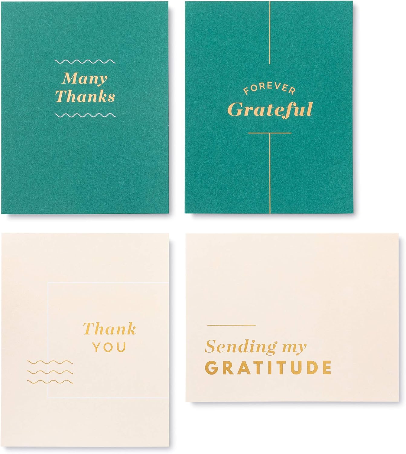 Four green and beige cards with gratitude messages